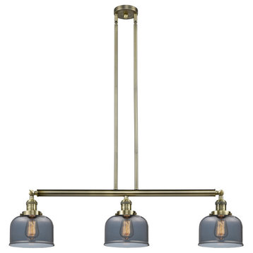 Large Bell 3-Light LED Island Light, Antique Brass, Glass: Plated Smoked
