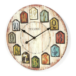 Weathered Plank 24" Round Wood Grain Designed Dial Multi-Colored Raised Number L - Wall Clocks