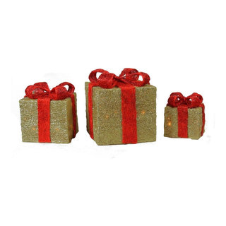 Set of 3 Lighted Sparkling Gold Sisal Gift Boxes Christmas Yard