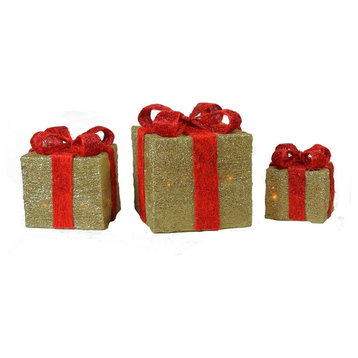 Set of 3 Lighted Sparkling Gold Sisal Gift Boxes Christmas Yard Art Decorations