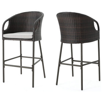 2 Pack Patio Bar Stool, Metal Base With Cushioned Seat & Curved Back, Multibrown