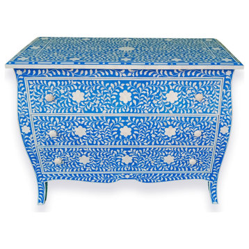 Curved French Style Bone Inlay Dresser Chest in Blue