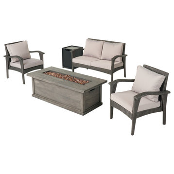 Eleanore Outdoor 4 Seater Wicker Chat Set With Fire Pit, Black