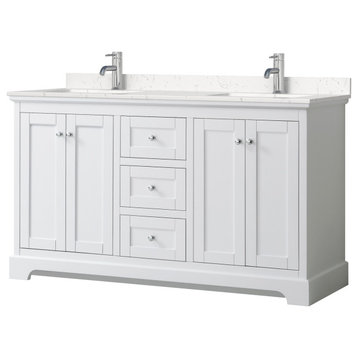 Avery 60, Double Vanity, White, Light-Vein Carrara Marble Top, Square Sinks
