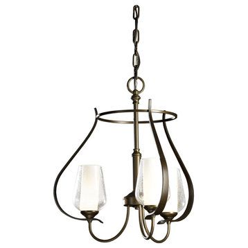 Flora 3 Arm Round Chandelier, Bronze Finish, Opal and Seeded Glass