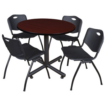 Kobe 42" Round Breakroom Table- Mahogany & 4 'M' Stack Chairs- Black