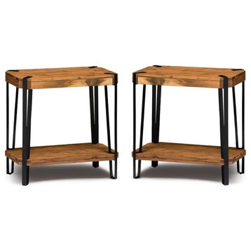 Home Square Edge Solid Wood with Metal End Table in Natural - Set of 2