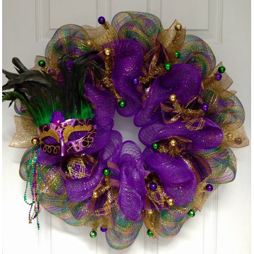 Mardi Gras Wreath Purple Mask with Feathers Handmade Deco Mesh