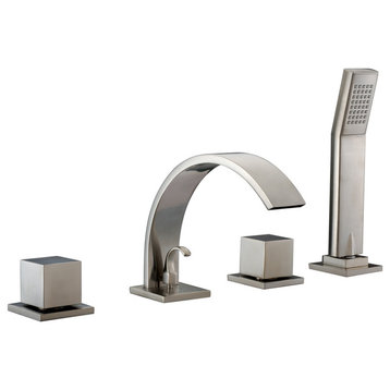 Dawn 4-Hole Tub Filler, Handshower, Handles and Sheetflow Spout, Brushed Nickel