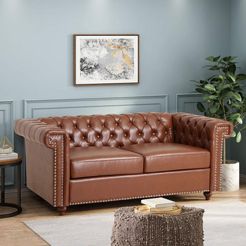 Classic Loveseat, Faux Leather Seat With Tufted Back & Nailhead, Cognac Brown