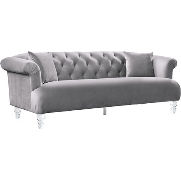Elegance Contemporary Sofa, Gray Velvet With Acrylic Legs