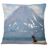 Large Bear in Front of Volcano Landscape Printed Throw Pillow, 18"x18"