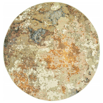 8' Round Modern Abstract Gold And Beige Indoor Area Rug