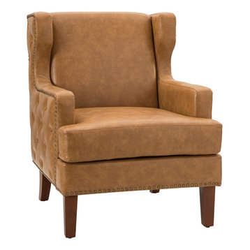 Mid-century Modern Style Vegan Leather Armchair with Squared Arms, Camel
