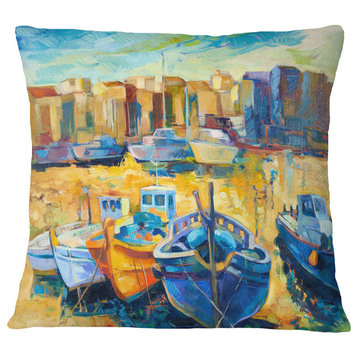Wharf And Boats Seascape Throw Pillow, 18"x18"