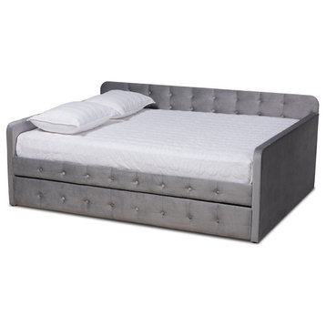 Baxton Studio Jona Gray Velvet Upholstered Queen Size Daybed with Trundle