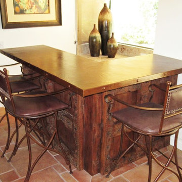 Hammered Copper Countertop on Carved Mahogany Rustic Bar