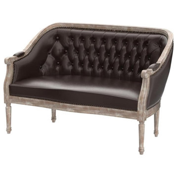 Transitional Loveseat, Faux Leather Seat With Deep Button Tufting, Dark Brown