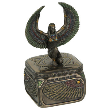 Bronze Finish Egyptian Winged Goddess Isis Trinket Box Hand Painted Accents