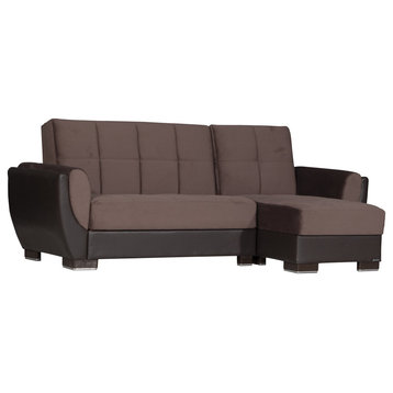 L-Shaped Sleeper Sofa, Curved Padded Arms, Brown Microfiber/Brown Leatherette