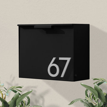 Cubby Wall Mounted Mailbox + House Numbers, Lock Included, Outgoing Flag, Black, Silver Font