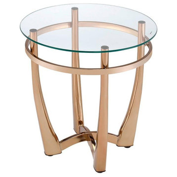 Glass Round End Table With Metal Base, Champagne And Clear Glass