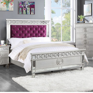 ACME Varian Full Bed, Burgundy Velvet, Silver and Mirrored Finish