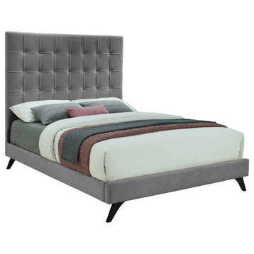 Elly Velvet Upholstered Bed, Gray, Queen