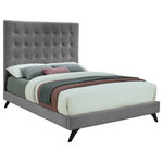Meridian Furniture - Elly Velvet Upholstered Bed, Gray, Queen - Crawl into this cozy Elly grey velvet queen size bed for a restful night's sleep. The deep button tufting on its tall headboard provides a soft, pillowy surface to lean against for nighttime reading or watching TV. Supported by angled wood legs with an espresso finish, the side rails and footboard are also comfortably padded and upholstered. Contemporary styling ensures that this bed will integrate nicely into any existing decor.