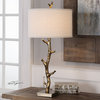 1 Light Contemporary Table Lamp Antiqued Gold Tree Branch Base and Ivory Linen