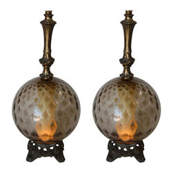 Hollywood Regency Smoked Bubble Glass Table Lamps Inner Glowing Accent Light - Table Lamps