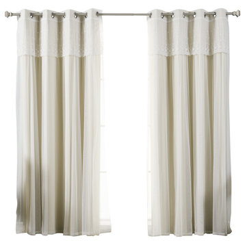 Tulle Sheer With Attached Valance and Solid Blackout Curtains, Beige, 96"