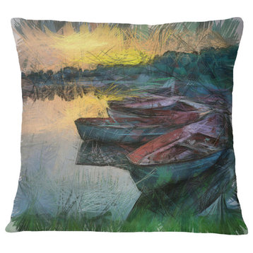 Fishing Boats By River Watercolor Landscape Printed Throw Pillow, 16"x16"