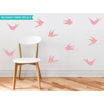 Modern Birds Fabric Wall Decals, Set of 10 Birds, Pink