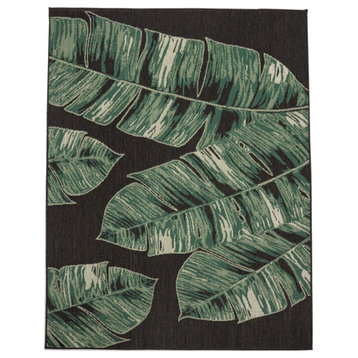 Tropical Outdoor Rug Jungle Leaves Design, Green Black, 5'3"x7'7"