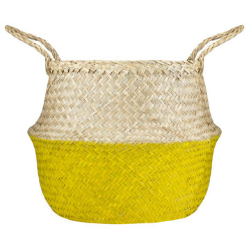 15.5" Beige and Yellow Large Belly Basket with Handles