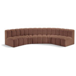 Meridian Furniture - Arc Vegan Leather Upholstered 5-Pc. U-Shaped Modular Sectional, Cognac - Unleash modern opulence with the Arc Vegan Leather 5pc. Sectional. Crafted for the modern connoisseur, this Sectional injects an air of refined luxury into any space. Its sleek silhouette, upholstered in supple cognac vegan leather, exudes timeless sophistication while the deep channel tufting adds textural intrigue, further elevating the chair's visual appeal. The modular design makes it a versatile chameleon, effortlessly adapting to your evolving needs and preferences. Whether you envision it gracing a chic living room corner, basking in the glow of a bedroom window, or adding a touch of drama to a home office, the Arc seamlessly complements your unique interior aesthetic.