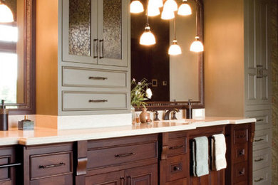 Large arts and crafts master ceramic tile and beige floor bathroom photo in Other with raised-panel cabinets, dark wood cabinets, brown walls, an undermount sink and quartzite countertops