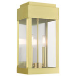 Livex Lighting - York Collection 2 Light Satin Brass Outdoor Wall Lantern (21235-12) - Livex Lighting 21235-12 Transtional, Updated Colonial, Modern Classic, Casual, Graceful style York collection 6.875 Light Outdoor Wall Lantern in Satin Brass finish with Clear Glass. Light Bulb Data: 6.875 2 Candelabra Base watt. Bulb included: No