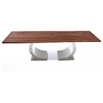 Dining Table With Modern Half Circle Base, Black Walnut Plank Top, 84x48x31