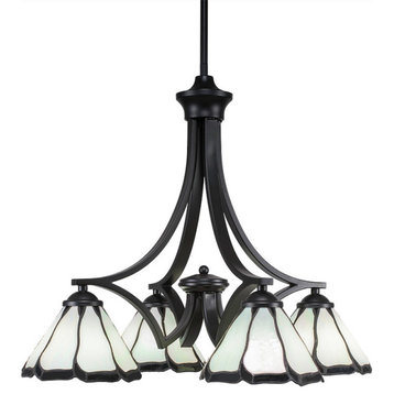 4 Light Chandelier, Matte Black Finish With Pearl And Black Flair Tiffany Glass