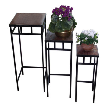 3-Piece Slate Square Plant Stands With Slate Tops, Black Metal
