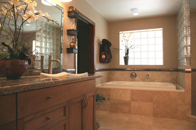 Mid-sized trendy master bathroom photo in Phoenix with recessed-panel cabinets, medium tone wood cabinets, beige walls, a drop-in sink and granite countertops