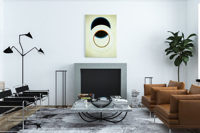 Inspiration for a large scandinavian open concept light wood floor and brown floor living room remodel in Moscow with white walls, a standard fireplace, a stone fireplace and no tv