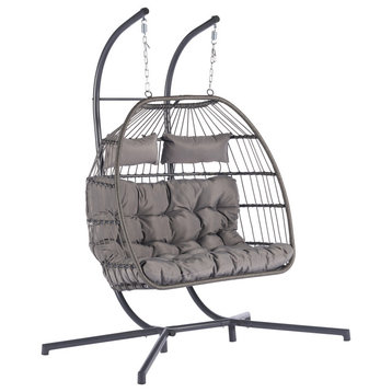 Outdoor X-Large Wicker 2-Person Hanging Egg Chair, Cushion and Stand, Light Gray
