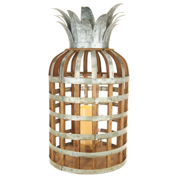 Samana Pineapple Lantern with LED Candle | 21.5" | Wood and Metal
