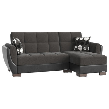 L-Shaped Sleeper Sofa, Curved Padded Arms, Gray Chenille/Black Leatherette