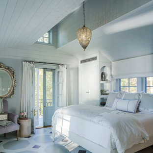 Design ideas for a country guest bedroom in Burlington with white walls and multi-coloured floor.