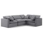 Meridian Furniture - Indulge Upholstered Modular L-Shaped Sectional, Grey, 4-Piece: 1 Armless Chair, 3 Corner Chair, Down Stuffed Velvet - Unwind in tranquil elegance with the Indulge Velvet Sectional. Imagine sinking into the plush embrace of this lush sectional, crafted from rich, textured grey velvet that feels soft and inviting against your skin. Overstuffed down feather cushions cradle you in cloud-like comfort, while the solid wood frame provides unwavering support. This modular masterpiece isn't just furniture - it's a blank canvas for creating your dream living space. Arrange the versatile pieces in countless configurations, from a sprawling entertainment zone for movie nights to intimate reading nooks for quiet moments. Indulge in the ultimate comfort, endless possibilities, and timeless elegance.