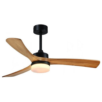 36" Simple Wooden Ceiling Fan with Remote Control and Blades Made of Solid Wood, Black, Dia48.0xh10.2", Light Wood Blades, Without Lamp